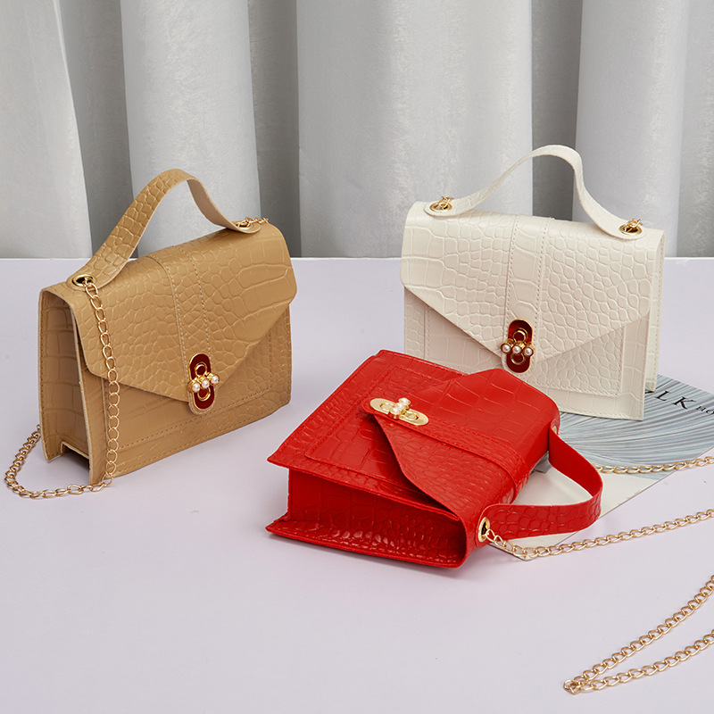 MZ Korean Style Crocodile Pattern Pearl Lock Chain Small Square Bag - Image 2