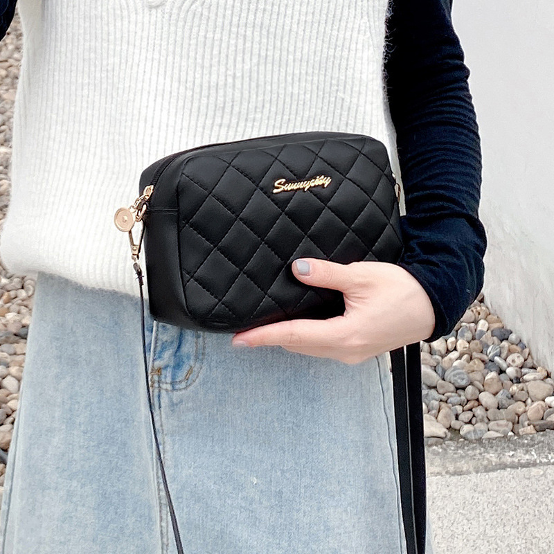 MZ Women's Diamond Quilted Camera Crossbody Bag PU Korean Style - Image 2