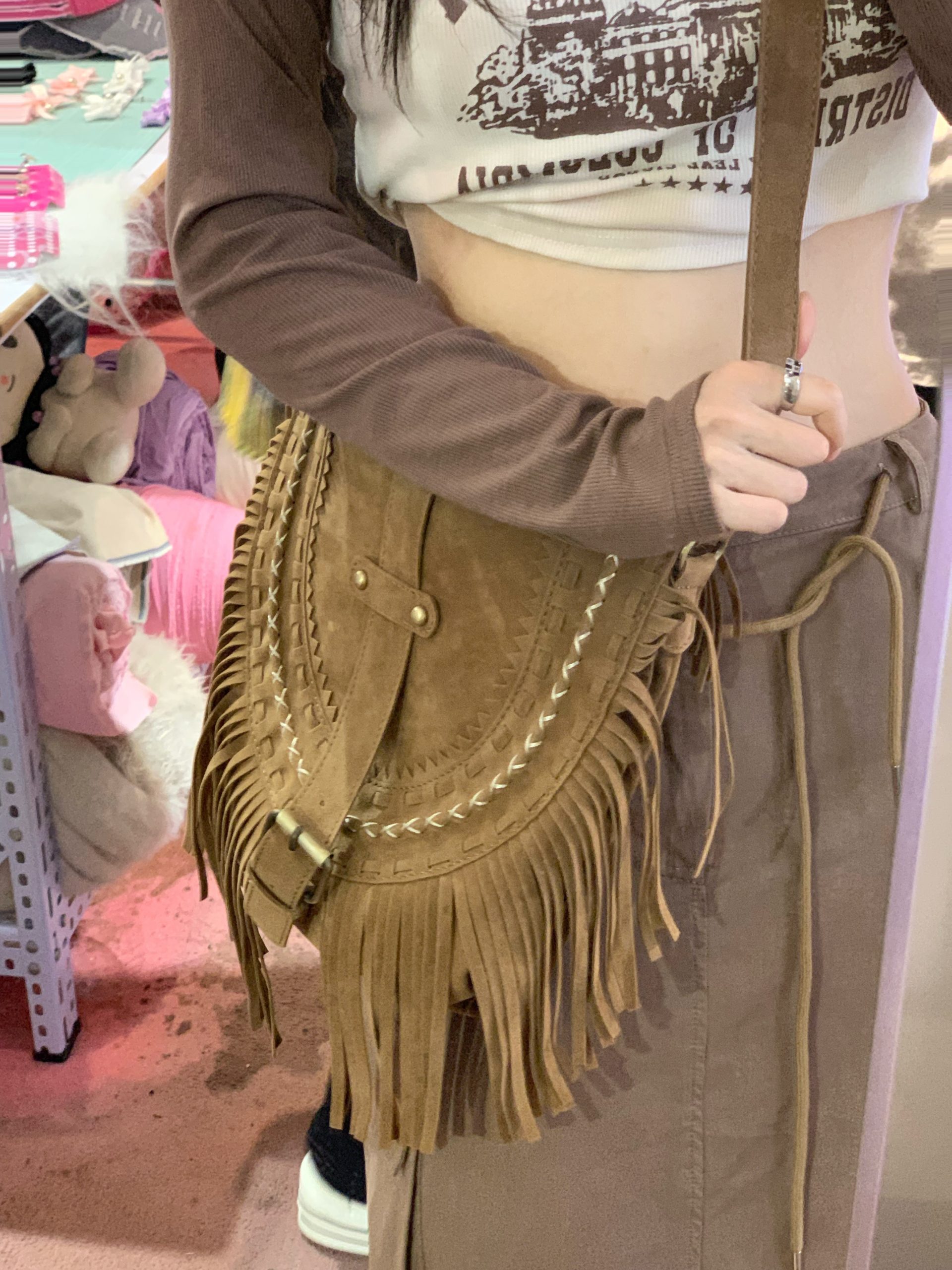 Faux Suede Fringe Saddle Crossbody Bag - Image 4