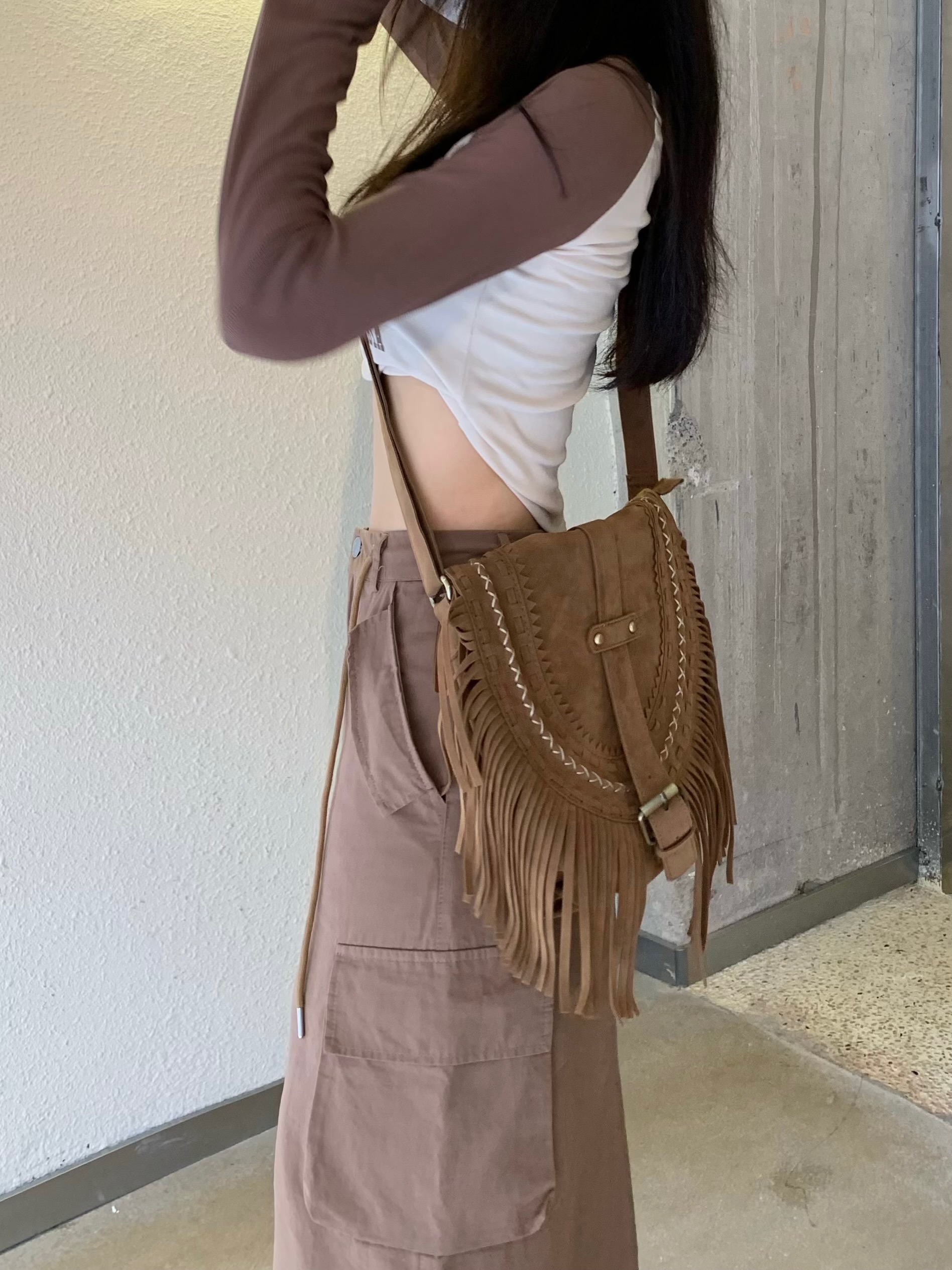 Faux Suede Fringe Saddle Crossbody Bag - Image 3
