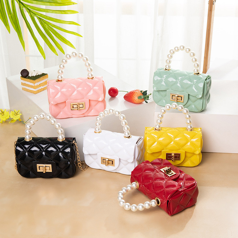 Mini PVC Jelly Bag with Crocodile Pattern Diamond Quilted Pearl Handbag