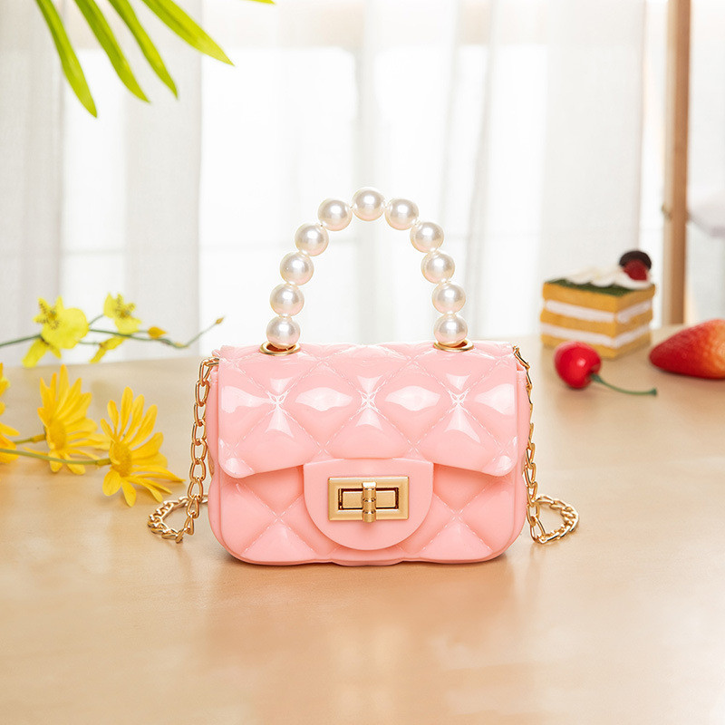 Mini PVC Jelly Bag with Crocodile Pattern Diamond Quilted Pearl Handbag - Image 2