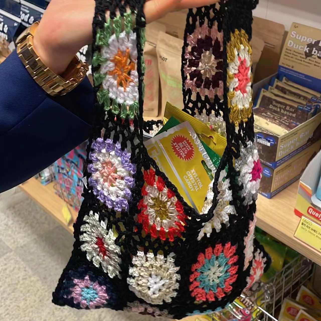 Korean Ins Spring Summer Vintage Pastoral Style Handmade Crochet Woven Bag Tote Parent Child Yarn Bag