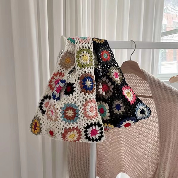 Korean Ins Spring Summer Vintage Pastoral Style Handmade Crochet Woven Bag Tote Parent Child Yarn Bag - Image 3
