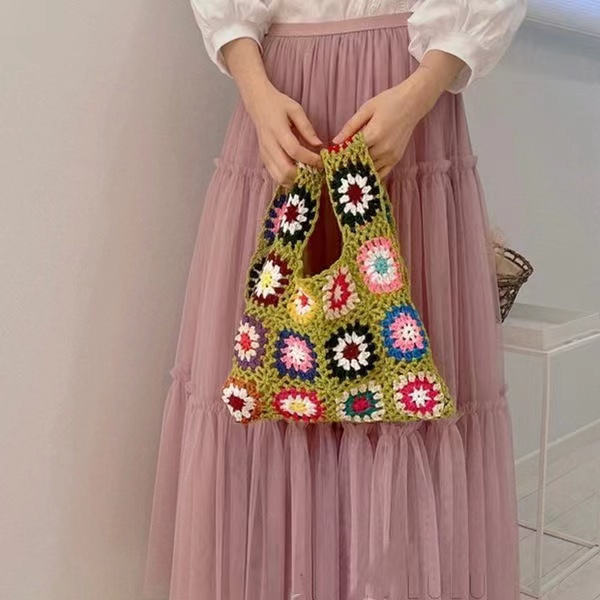 Korean Ins Spring Summer Vintage Pastoral Style Handmade Crochet Woven Bag Tote Parent Child Yarn Bag - Image 4