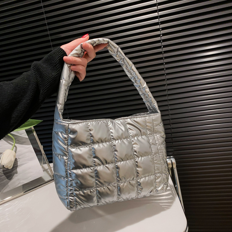 2023 Winter New Cotton Padded Women's Large Capacity Handbag Plaid Embroidered Single Shoulder Square Bag