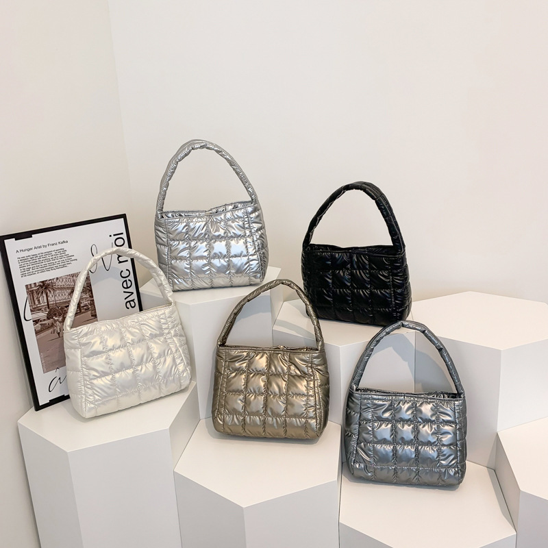 2023 Winter New Cotton Padded Women's Large Capacity Handbag Plaid Embroidered Single Shoulder Square Bag - Image 4